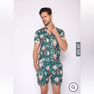 Romper Jack Men’s Tropical Hawaiian Floral One Piece Romper Jumpsuit Set sz S